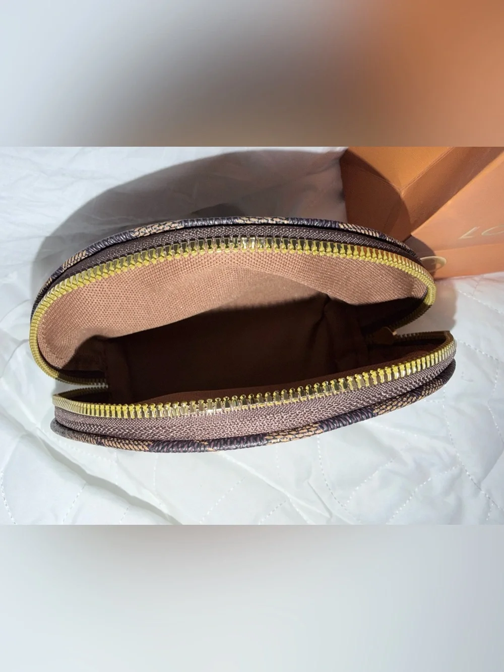 Designer-Inspired Brown Check Cosmetic Pouch with Gold Zipper